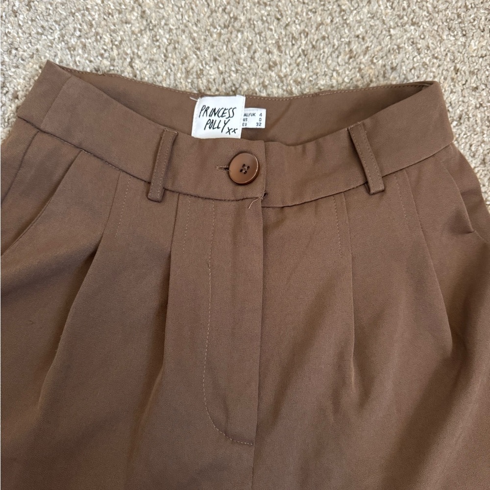 Princess Polly Women's Brown Dress Pants Straight Pleated Button High Rise